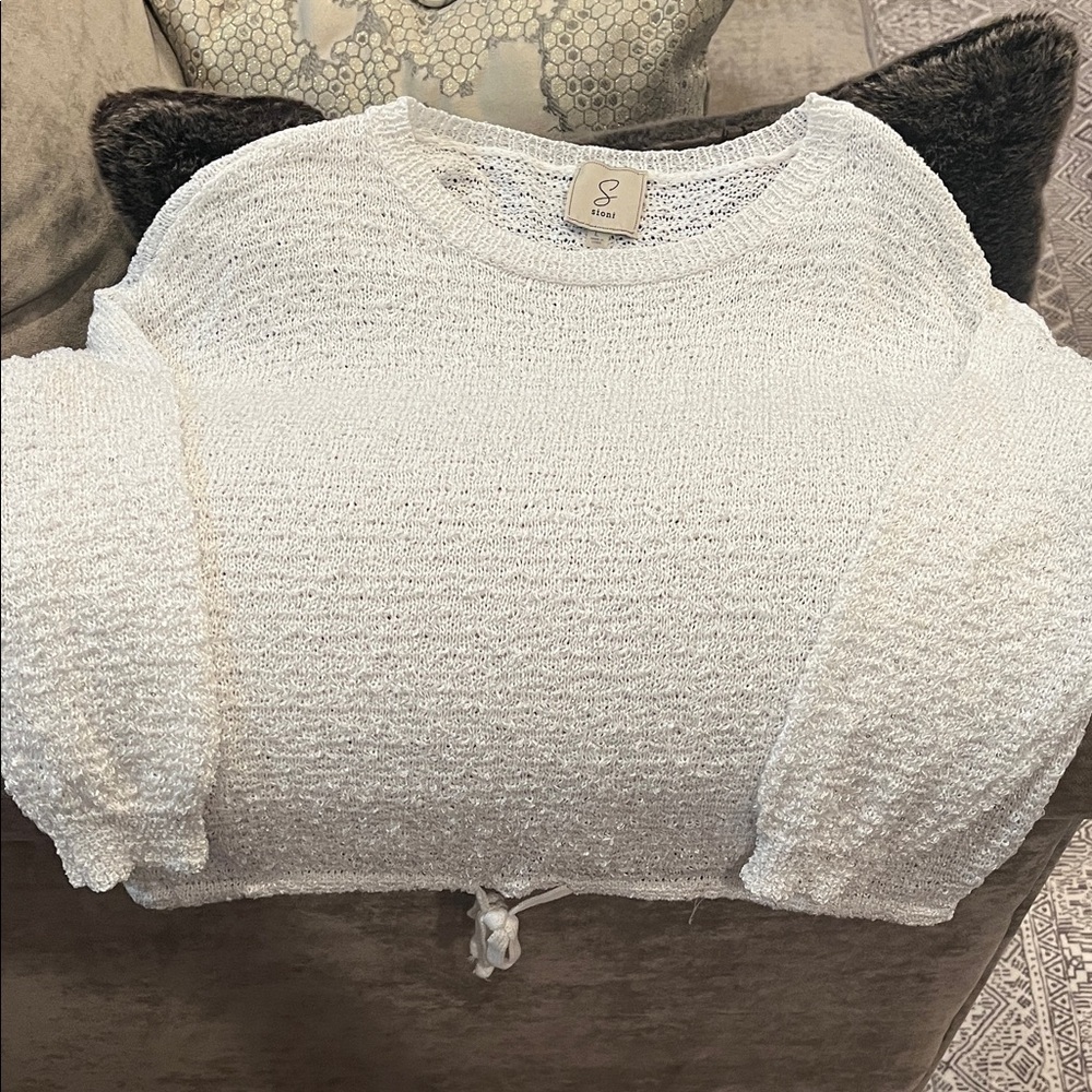 Sioni White Open-Knit Crew Sweater with Drawstring Hem